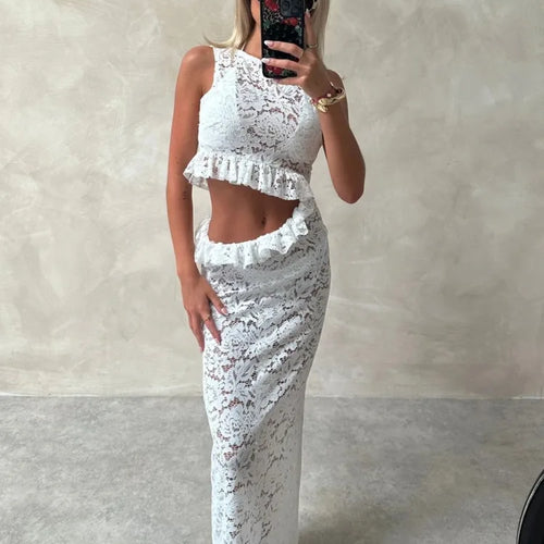 Load image into Gallery viewer, Elegant Sleeveless Lace Patchwork Hollow Out Irregular Dress Women Slim Ruffle Edge Dress Female Sexy Bodycon Party Club
