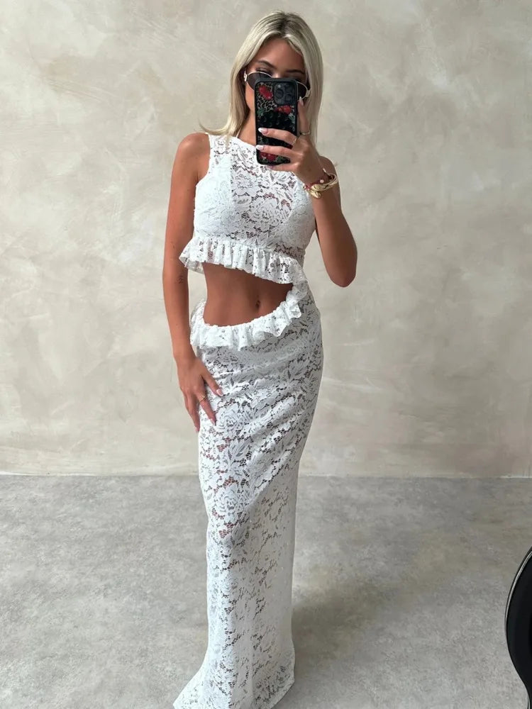 Elegant Sleeveless Lace Patchwork Hollow Out Irregular Dress Women Slim Ruffle Edge Dress Female Sexy Bodycon Party Club