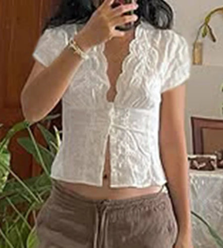 Y2K Bow Textured Waist Cinching Shirts Women Summer Puff Sleeve V-Neck Cardigan Tops Cutecore Button-Fly Girls Blouse