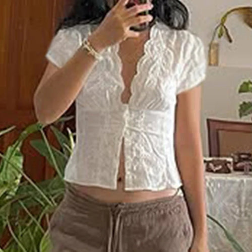 Load image into Gallery viewer, Y2K Bow Textured Waist Cinching Shirts Women Summer Puff Sleeve V-Neck Cardigan Tops Cutecore Button-Fly Girls Blouse
