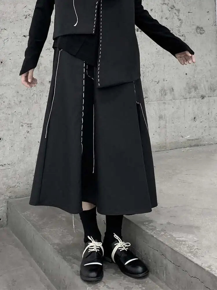 High Elastic Waist Black Topstitched Irregular Ra-line Half-body Skirt Women Fashion Tide New Spring Autumn 2025 1DF1073