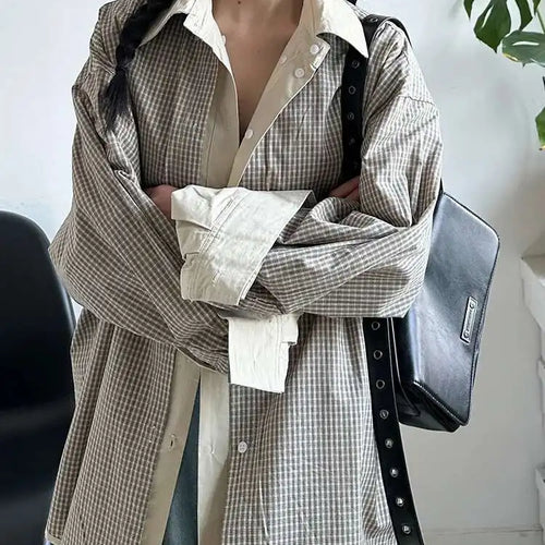 Load image into Gallery viewer, Women Khaki Plaid Double Layers Color-block Big Size Blouse New Lapel Long Sleeve Shirt Fashion Spring Autumn 2025 1DJ0728
