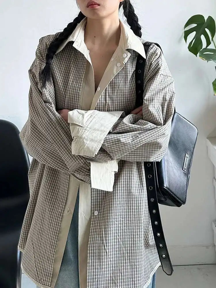 Women Khaki Plaid Double Layers Color-block Big Size Blouse New Lapel Long Sleeve Shirt Fashion Spring Autumn 2025 1DJ0728