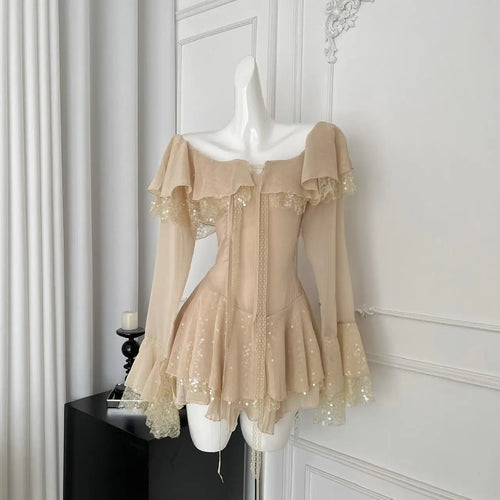 Load image into Gallery viewer, French Vintage Women's Khaki Sequins Long Sleeved Elegant Pleated Short Dress Autumn Winter Sweet Ruffles Mini Princess Dresses
