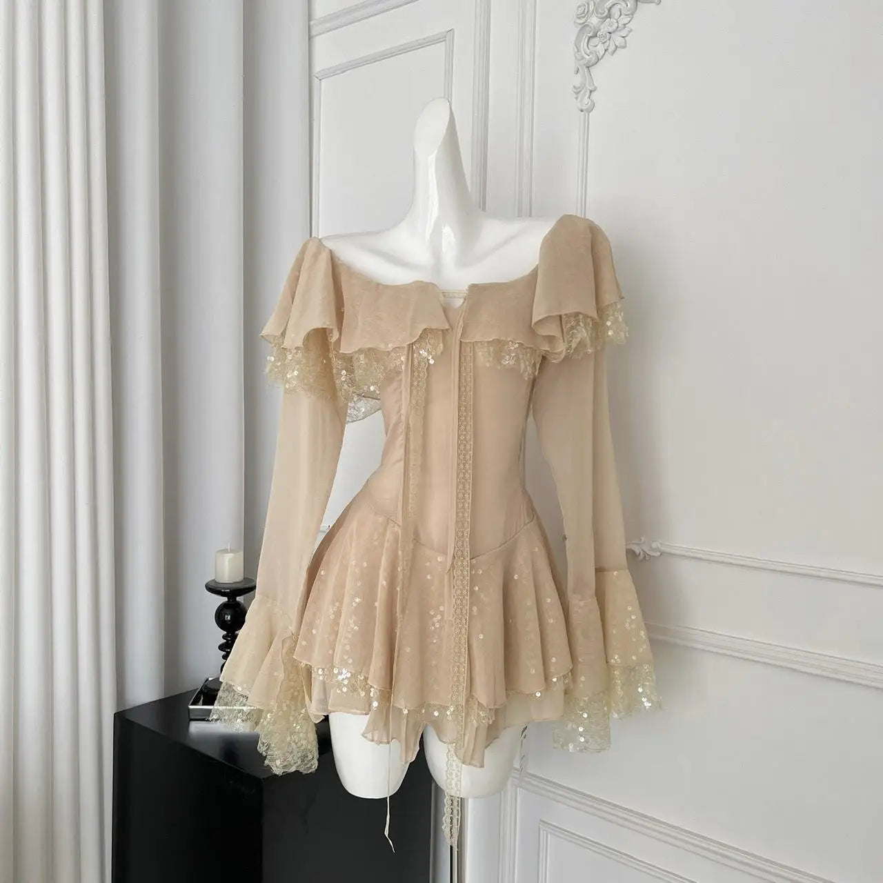 French Vintage Women's Khaki Sequins Long Sleeved Elegant Pleated Short Dress Autumn Winter Sweet Ruffles Mini Princess Dresses