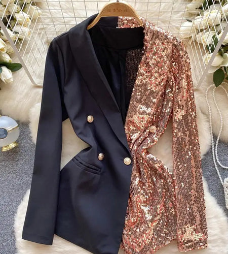 High Quality New 2023 Fashion Sequin Patchwork Suit Jacket Women's Double Breasted Versatile Blazer Coat Autumn Winter Vintage