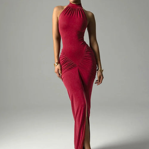 Load image into Gallery viewer, Halter Ruched Sleeveless Sexy Maxi Dress Women Gown Fashion Slim High Waist Evening Club Party Split Long Dress
