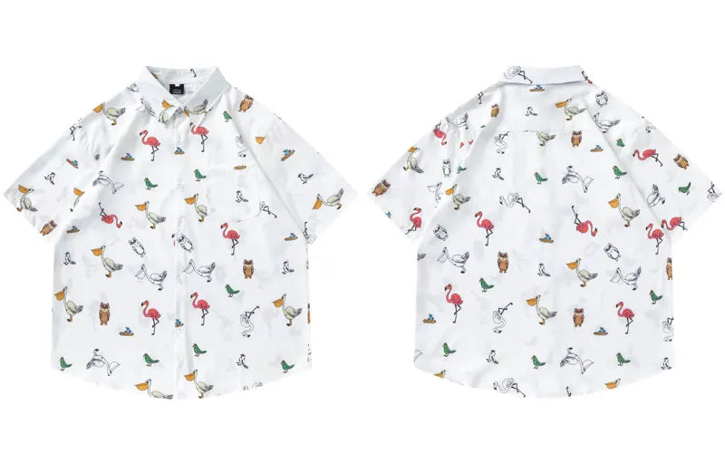 Men Hawaiian Shirts Cartoon Birds Graphic Printed Button Up Short Sleeve Beach Blouse Summer Harajuku Casual Baggy Shirt Tops