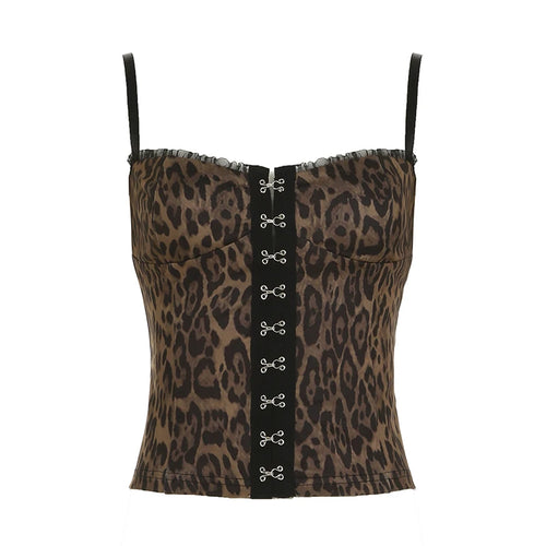 Load image into Gallery viewer, Sexy Leopard Printed Hooks Camis Women's Summer Skinny Mini Cropped Tops Vintage Mesh Patchwork Outfits Sexy Party

