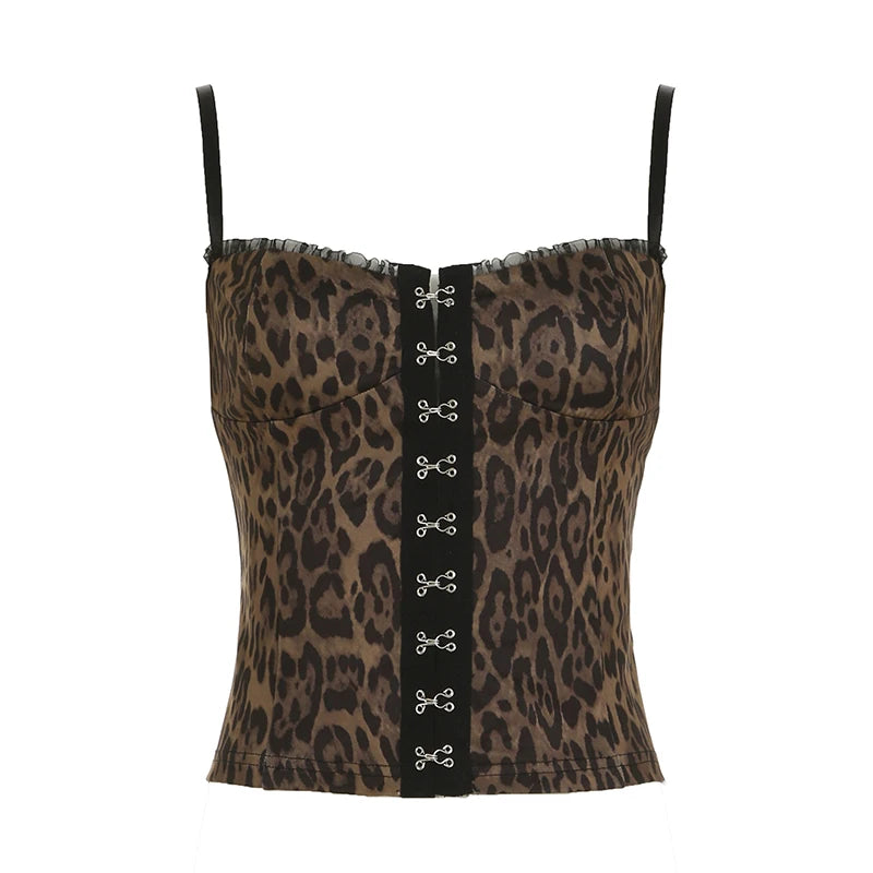 Sexy Leopard Printed Hooks Camis Women's Summer Skinny Mini Cropped Tops Vintage Mesh Patchwork Outfits Sexy Party
