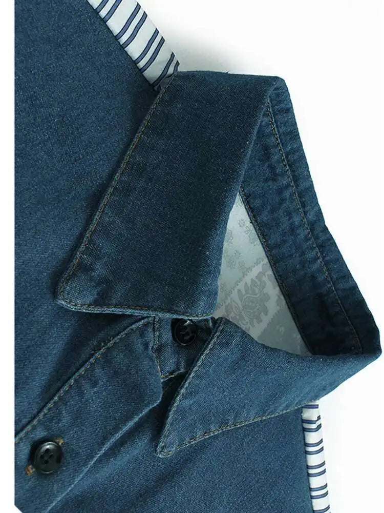 Women Blue Pattern Printed Denim Big Size Long Blouse New Lapel Long Sleeve Shirt Fashion Tide Spring Autumn 2025 1DH4876