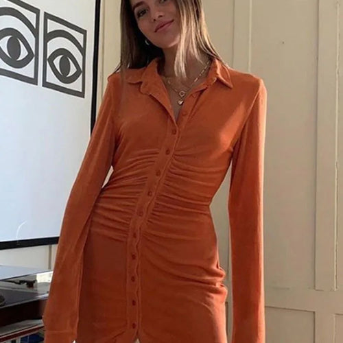Load image into Gallery viewer, Long Sleeve Ruched Bodycon Shirts Dress For Women Turn-Down Collar Sexy Mini Dress Ladies Buttons Slim Party Vestidos
