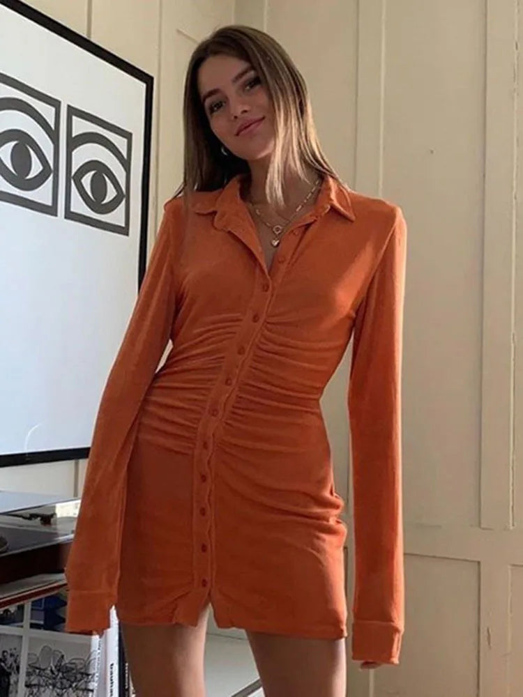Long Sleeve Ruched Bodycon Shirts Dress For Women Turn-Down Collar Sexy Mini Dress Ladies Buttons Slim Party Vestidos