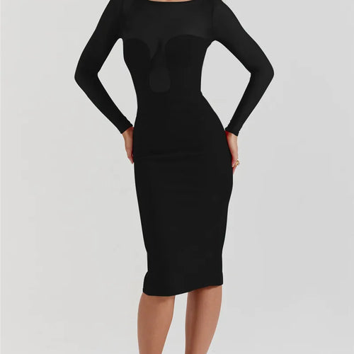 Load image into Gallery viewer, Elegant Strapless Sexy Midi Dress For Women Fashion Sheer Long Sleeve Backless Split Bodycon Club Party Sexy Long Dress
