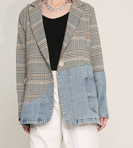 Women Blue Plaid Denim Big Size Blazer New Lapel Long Sleeve Loose Fit  Jacket Fashion Tide Spring Autumn 2025 1DD641005