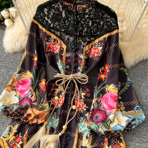 Load image into Gallery viewer, French Retro Women Black Beige Print Patchwork Lace Elegant Long Sleeves Princess Dress Boho Slim Evening Party Dress Spring New
