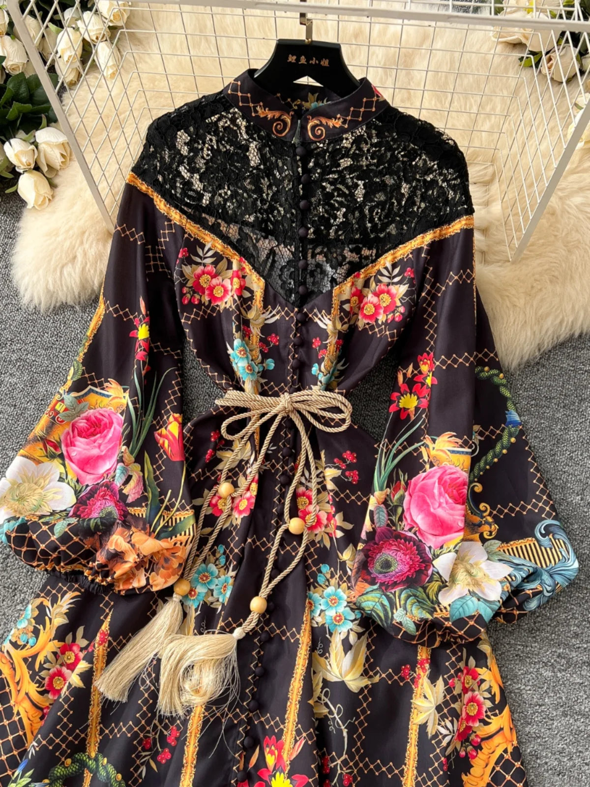 French Retro Women Black Beige Print Patchwork Lace Elegant Long Sleeves Princess Dress Boho Slim Evening Party Dress Spring New