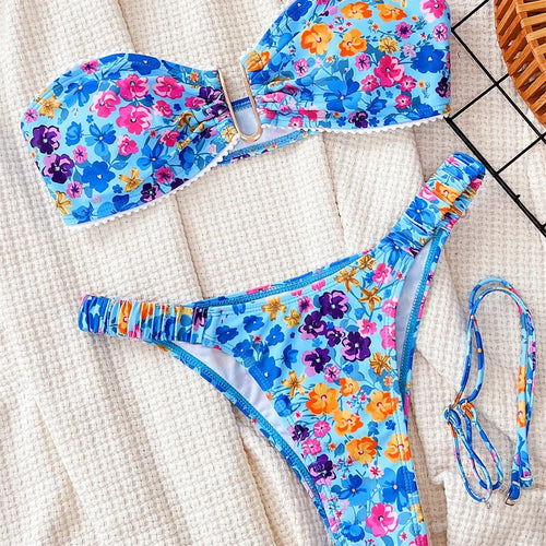 Load image into Gallery viewer, U Neck Floral Swimwear 2024 Bandeau Bikini Set Sexy Women Swimsuit Thong Biquini Brazilian Bathing Suit Beachwear
