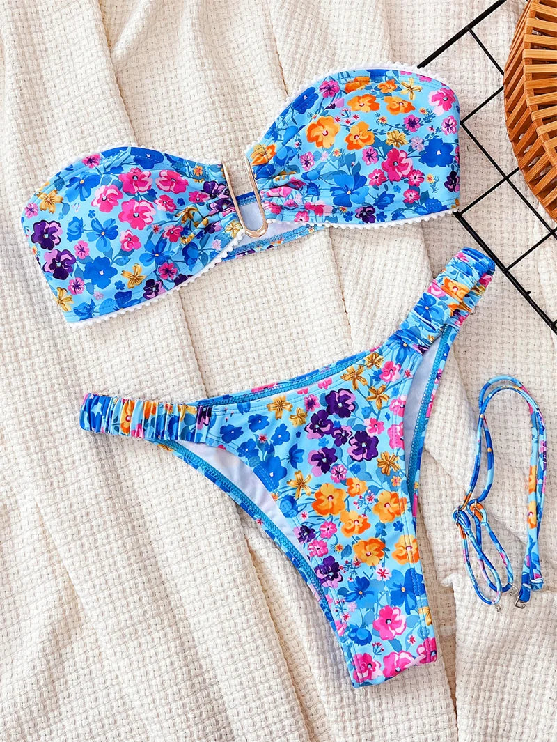 U Neck Floral Swimwear 2024 Bandeau Bikini Set Sexy Women Swimsuit Thong Biquini Brazilian Bathing Suit Beachwear