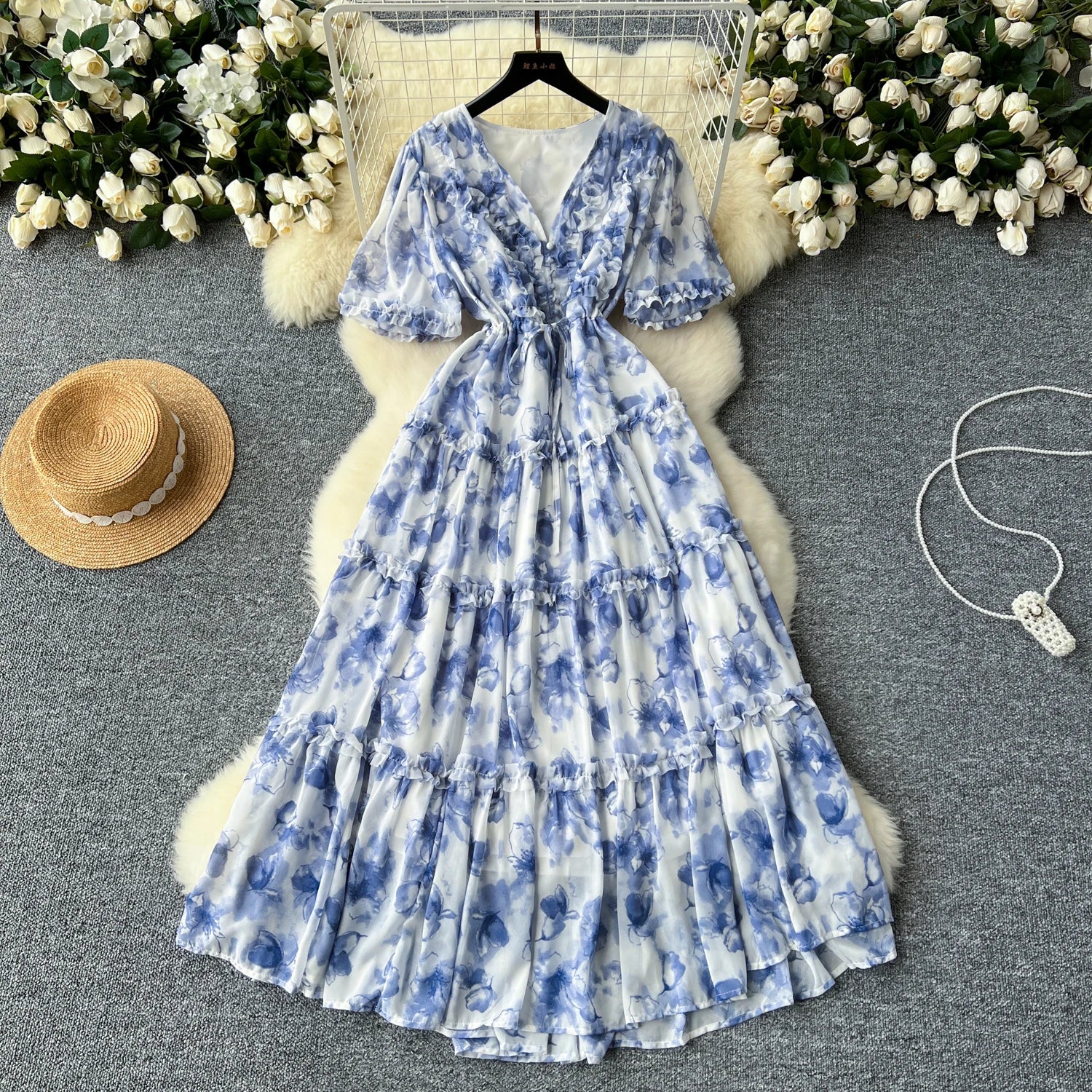 French Retro Women Floral Temperament V Neck Short Sleeved Ruffles Long Dress Summer Elegant Lace-up Party Pleated Dresses Boho