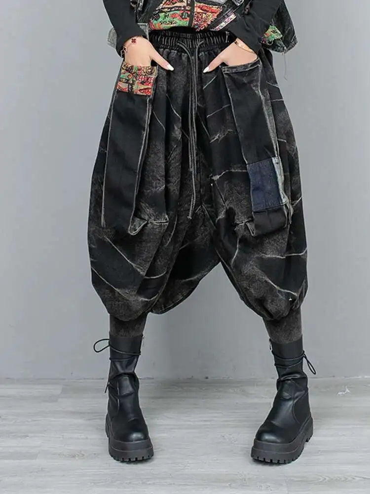 High Waist Blue Black Denim Color-block Casual Cross Jeans New Women Trousers Fashion Tide Spring Autumn 2025 1DH9616