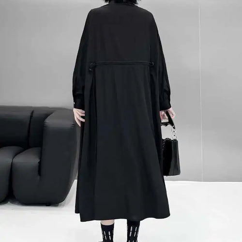 Load image into Gallery viewer, Women Black Big Size Elegant Shirt Dress Brief Pleated Hem New Lapel Long Sleeve Fashion Tide Spring Autumn 2025 1DH9327
