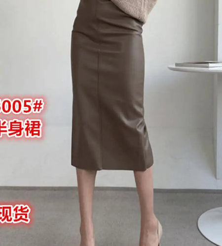 Autumn Winter New Black Leather High Waist Midi Skirt Women Korean Fashion Brown Office Straight Wrap Hip Split Skirt Streetwear