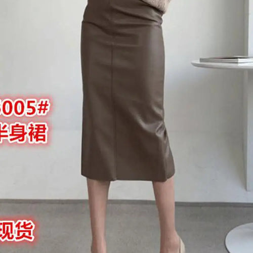 Load image into Gallery viewer, Autumn Winter New Black Leather High Waist Midi Skirt Women Korean Fashion Brown Office Straight Wrap Hip Split Skirt Streetwear
