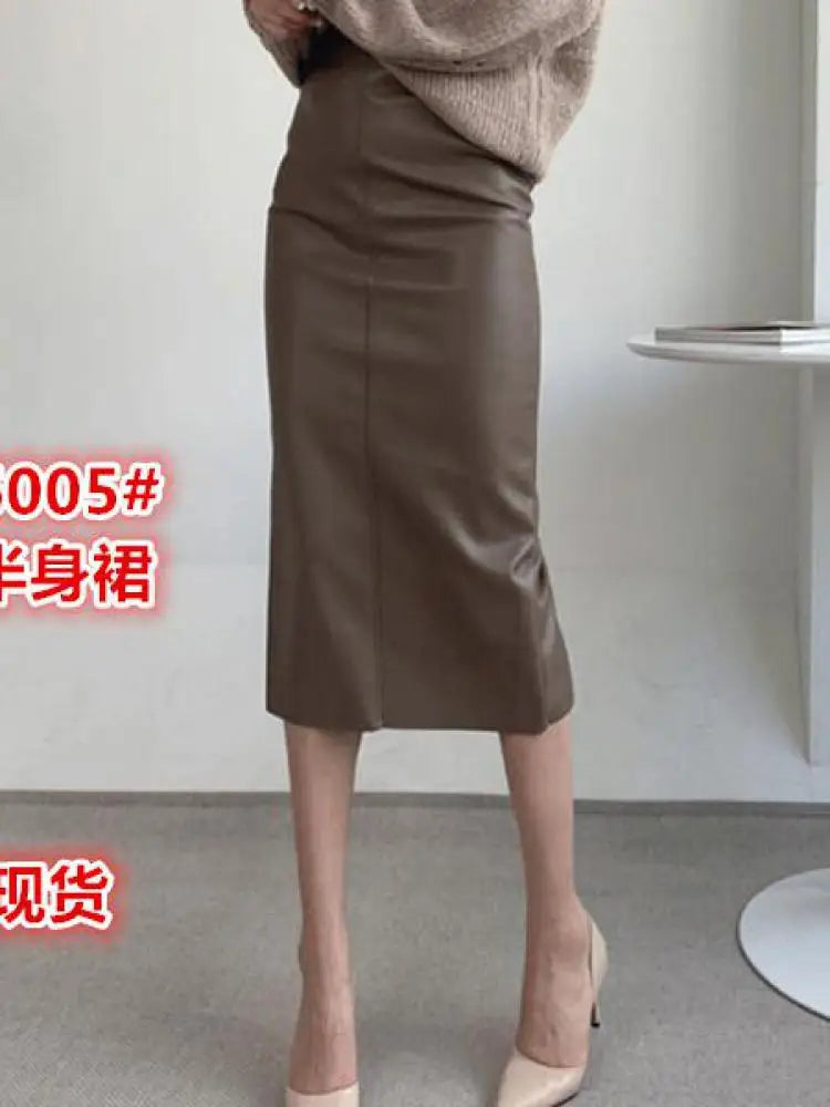Autumn Winter New Black Leather High Waist Midi Skirt Women Korean Fashion Brown Office Straight Wrap Hip Split Skirt Streetwear