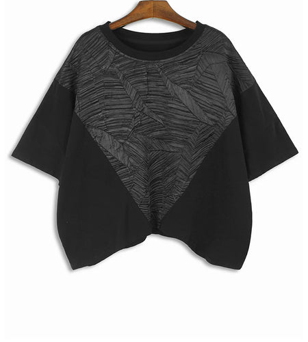 Women Black Pleated Spliced Big Size Irregular T-shirt New Round Neck Short Sleeve Fashion Tide Spring Summer 2025 1DH5857