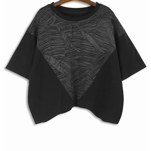 Load image into Gallery viewer, Women Black Pleated Spliced Big Size Irregular T-shirt New Round Neck Short Sleeve Fashion Tide Spring Summer 2025 1DH5857
