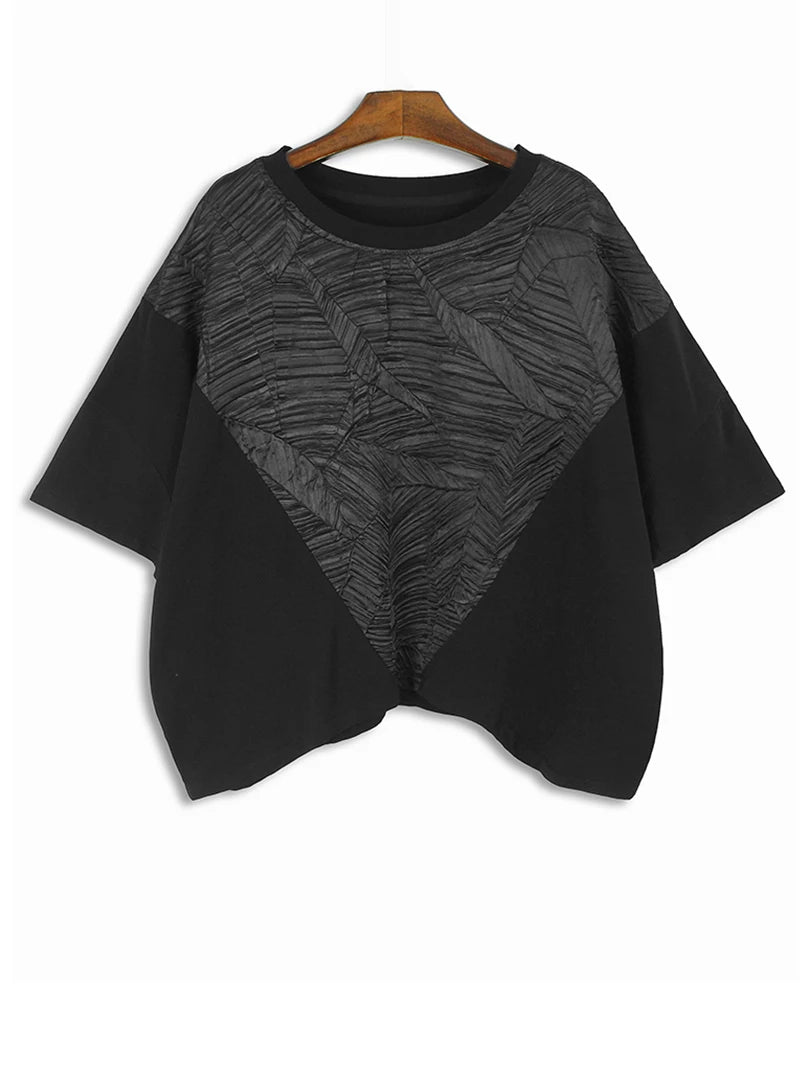 Women Black Pleated Spliced Big Size Irregular T-shirt New Round Neck Short Sleeve Fashion Tide Spring Summer 2025 1DH5857