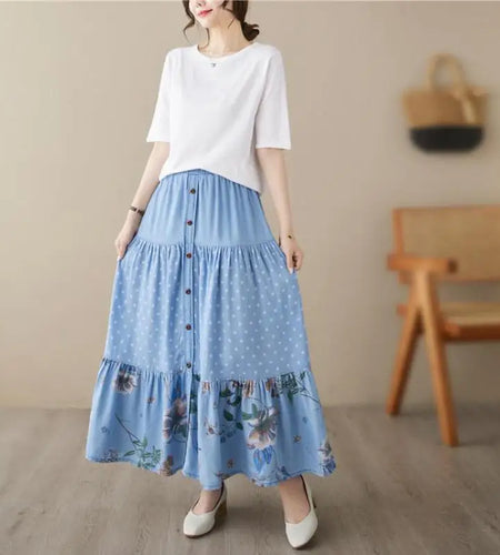 Casual Vintage Denim Skirt Floral Print A-line Pleated Long Skirts Summer Women Elegant Holiday Clothes Elastic Waist Midi Skirt