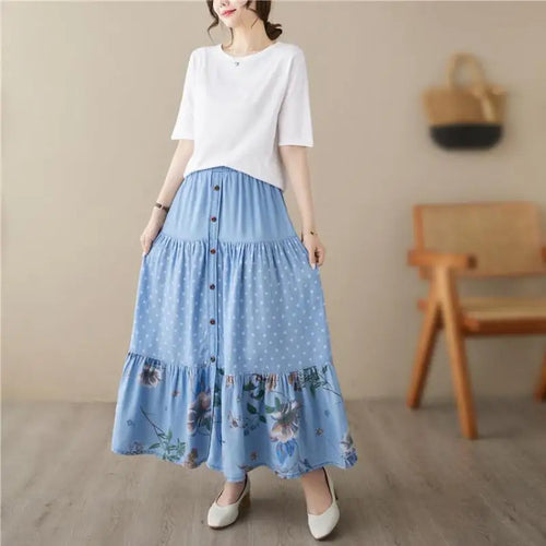 Load image into Gallery viewer, Casual Vintage Denim Skirt Floral Print A-line Pleated Long Skirts Summer Women Elegant Holiday Clothes Elastic Waist Midi Skirt
