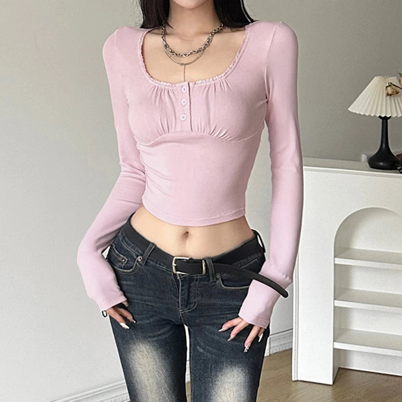 Korean Sweet Pink Skinny Female T-shirt Frill Fold Buttons Casual Crop Top Coquette Clothes Cute Tee Shirt Autumn