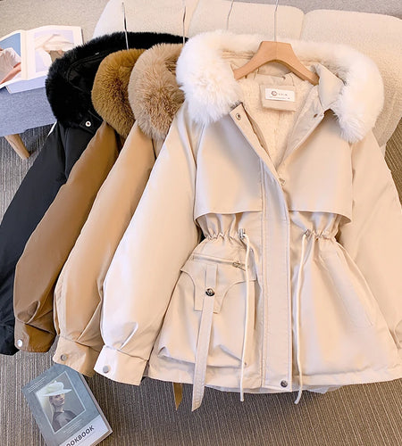 Winter Women's Solid Big Hairy Collar Hooded Velvet Parka 2024 Korean Version Ladies Oversize Warm Cardigans Down Cotton Jacket