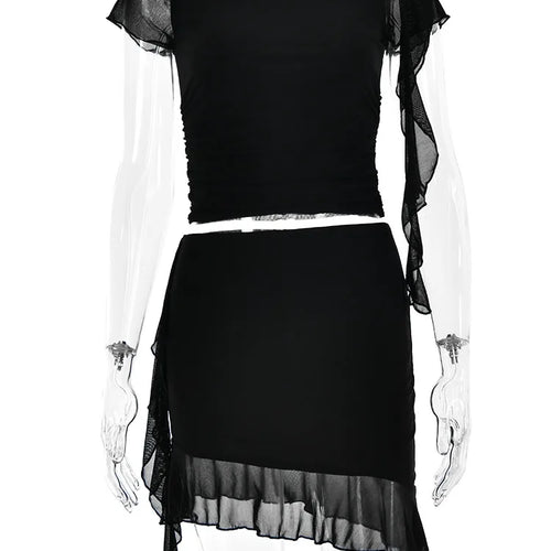 Load image into Gallery viewer, Sexy Mesh Double Layer Ruffled Women Two Piece Set Transparent Tight Short Sleeve Top Mini Skirt Set Female Clothing2023
