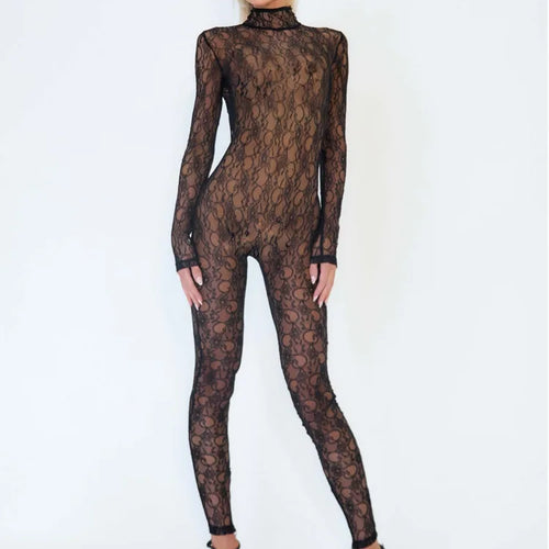 Load image into Gallery viewer, Sexy Lace Patchwork Tight Fitting Jumpsuit Women's Backless High Neck Slim Long Sleeved Jumpsuit Winter New 2025 Rompers

