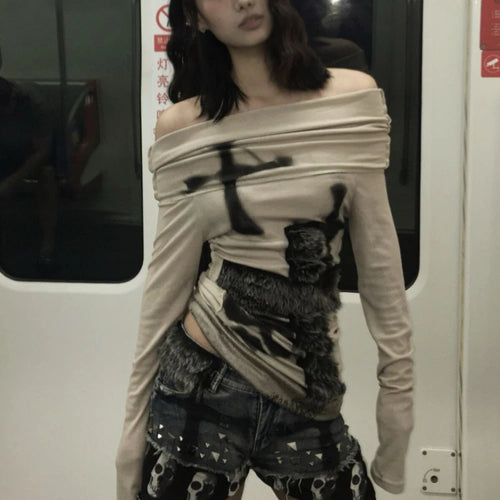 Load image into Gallery viewer, Y2k Aesthetic Off Shoulder Fur Patchwork Sexy T Shirt Harajuku Punk Skull Print Slash Neck Tops Streetwear Fairy Vintage Tees
