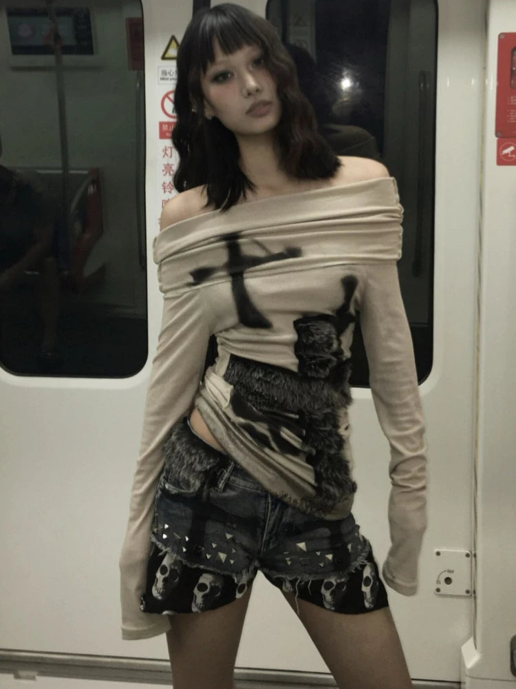 Y2k Aesthetic Off Shoulder Fur Patchwork Sexy T Shirt Harajuku Punk Skull Print Slash Neck Tops Streetwear Fairy Vintage Tees