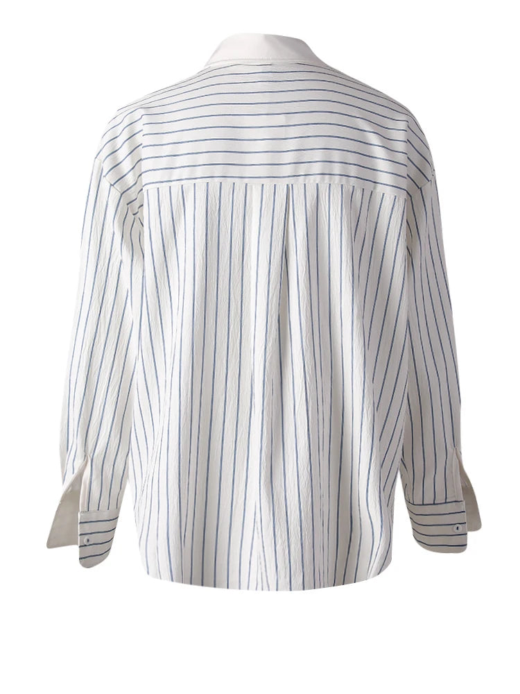 Women Blue Striped Textured Big Size Elegant Blouse New Lapel Long Sleeve Shirt Fashion Tide Spring Autumn 2025 CPG3188