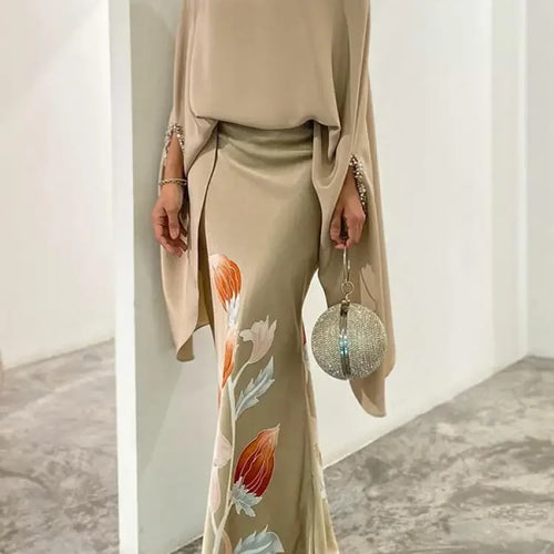 Load image into Gallery viewer, Women&#39;s Elegant Two Pieces Set 2025 New Batwing Sleeves Wrap Shirt Top High Wiast Floral Printed Skirts Evening Suits

