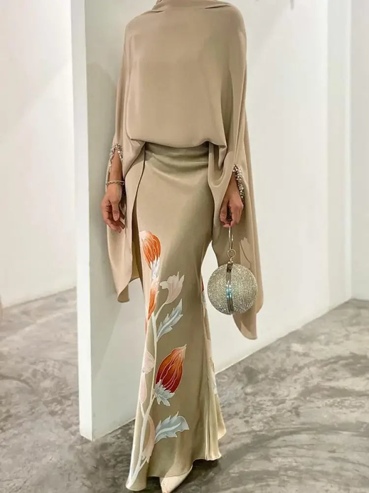 Women's Elegant Two Pieces Set 2025 New Batwing Sleeves Wrap Shirt Top High Wiast Floral Printed Skirts Evening Suits