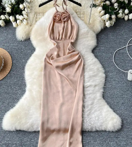 New Summer Women Khaki Sexy Backless Evening Party Halter Lace-up Dress Retro Elegant Sleeveless Slim Prom Pleated Dress Fashion