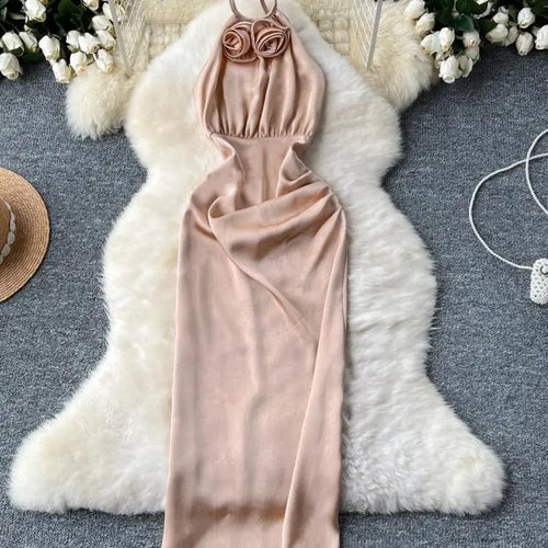 Load image into Gallery viewer, New Summer Women Khaki Sexy Backless Evening Party Halter Lace-up Dress Retro Elegant Sleeveless Slim Prom Pleated Dress Fashion
