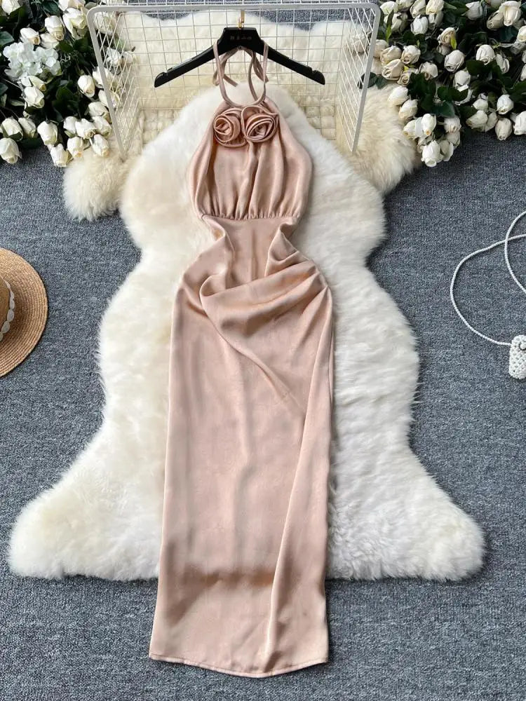 New Summer Women Khaki Sexy Backless Evening Party Halter Lace-up Dress Retro Elegant Sleeveless Slim Prom Pleated Dress Fashion