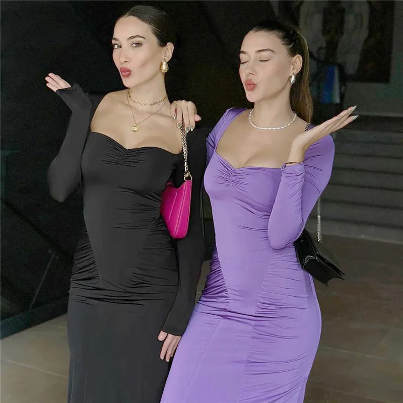 Square Collar Long Sleeve Sexy Long Dress For Women Gown Fashion Elegant Autumn Solid Bodycon Maxi Dress Clubwear