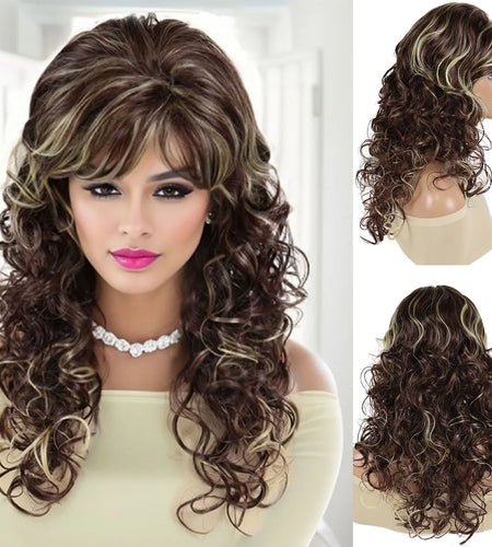 Synthetic Mommy Wigs for Women Long Curly Hair Wig with Bangs Brown Highlights Blonde Hairstyles Elegant Natural Daily
