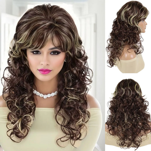 Load image into Gallery viewer, Synthetic Mommy Wigs for Women Long Curly Hair Wig with Bangs Brown Highlights Blonde Hairstyles Elegant Natural Daily
