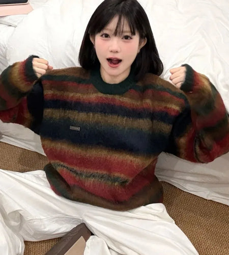 Y2k Aesthetic Contrast Color Striped Sweaters Harajuku Men and Women  Oversized Jumpers Autumn Grunge Vintage Casual Pullovers